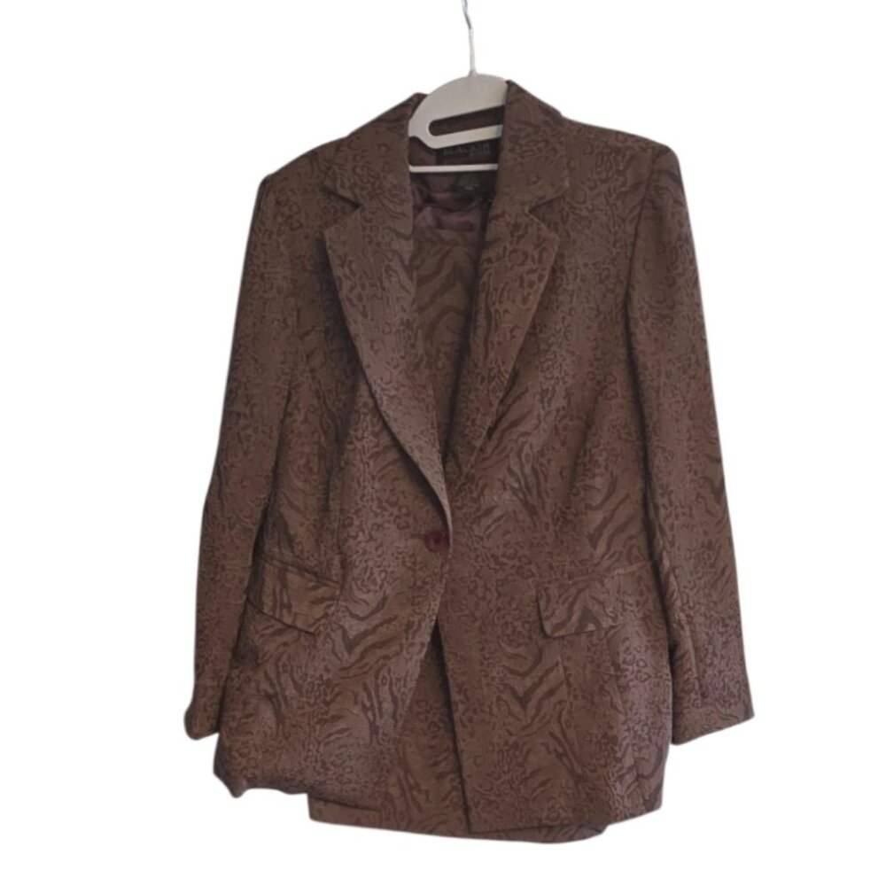Blacker Woman Blazer Skirt Suit Brown Animal Print Sz 14 W Earthy Evening